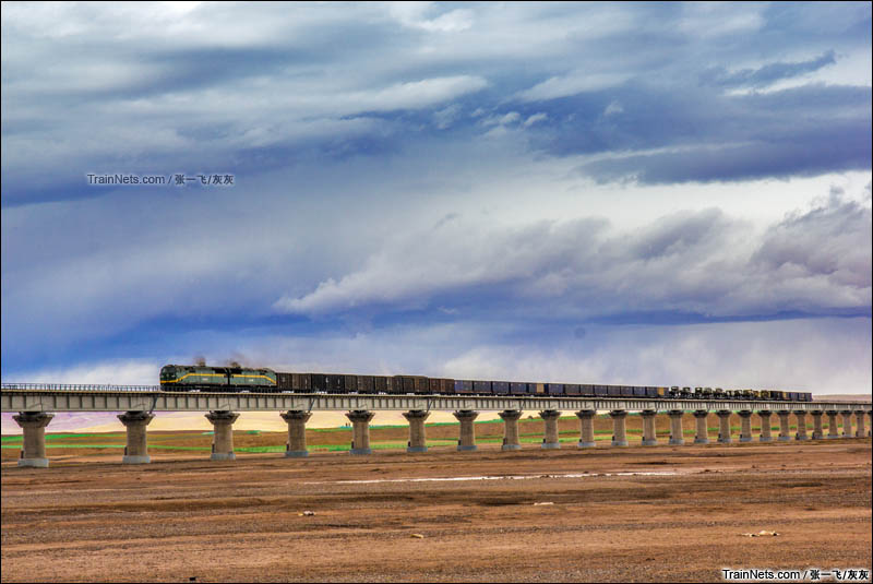 2015年5月。NJ2型内燃机车牵引货车通过青藏铁路格尔木唐古拉山镇沱沱河大桥。（图/张一飞）