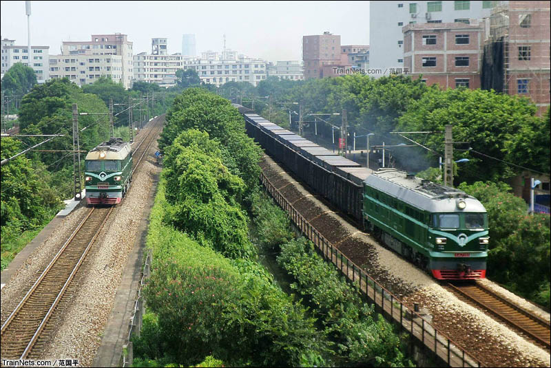 2014年8月29日。广州石井。两台DF4同向快跑，分别行驶在京广正线和江村货线上。（图/范国平）